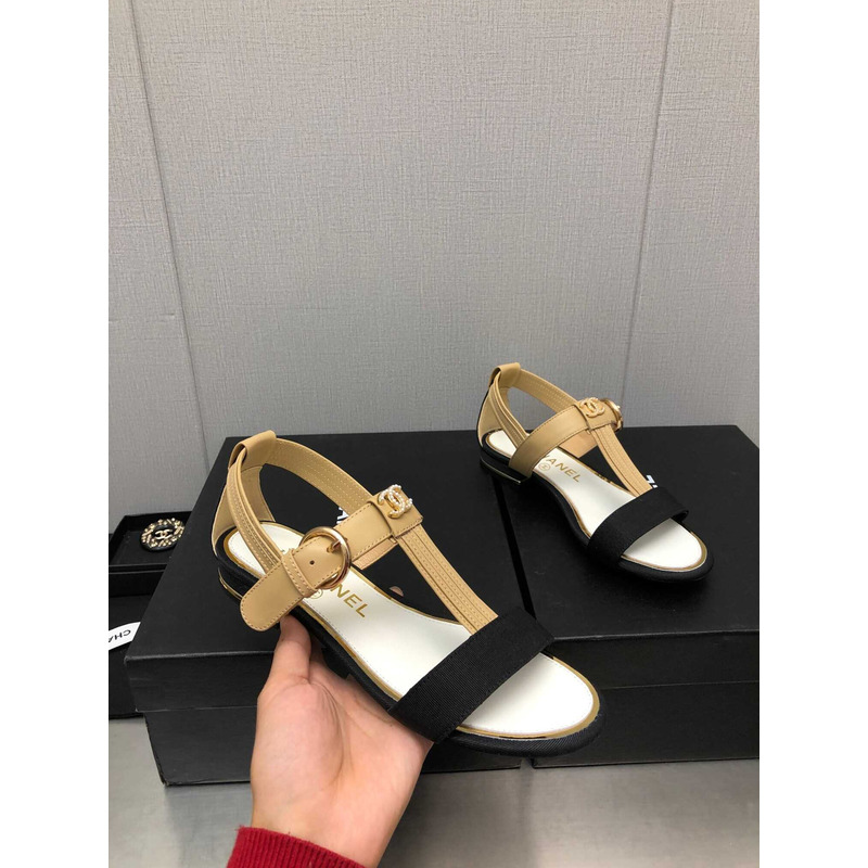 Ch*el casual style leather party style logo sandals beige and black