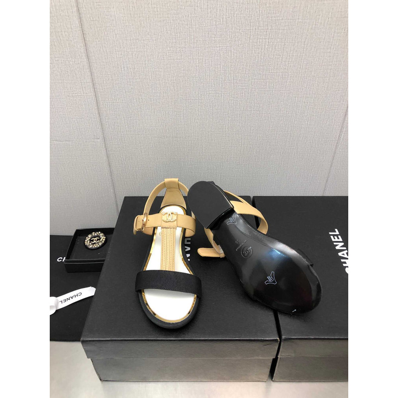 Ch*el casual style leather party style logo sandals beige and black