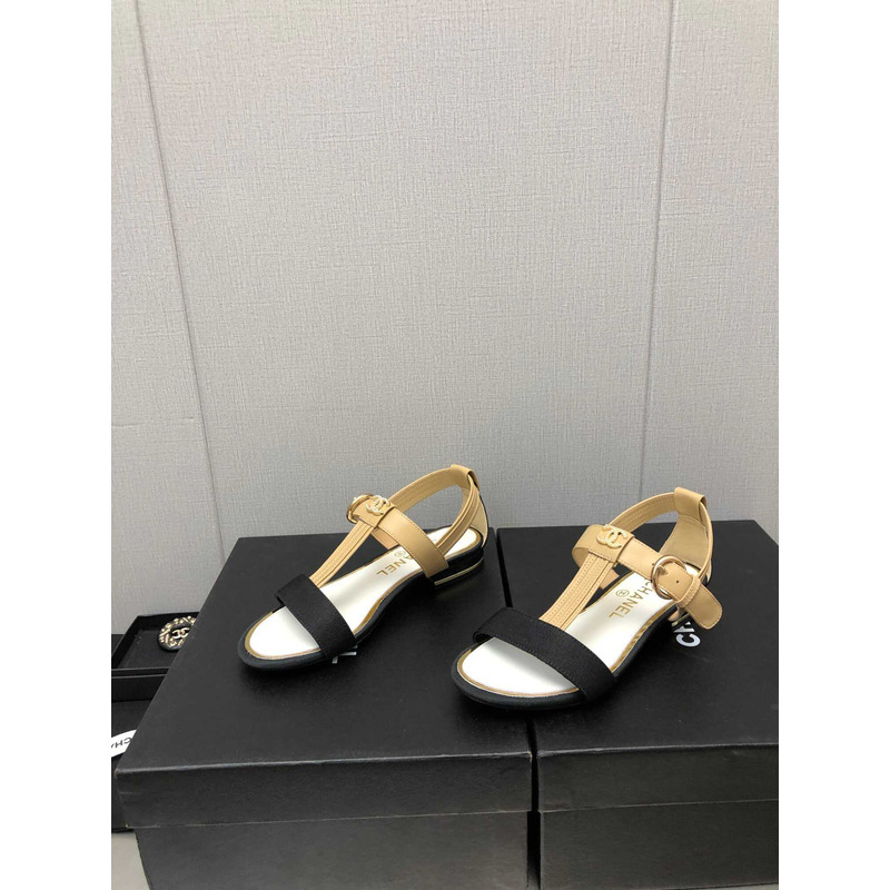 Ch*el casual style leather party style logo sandals beige and black