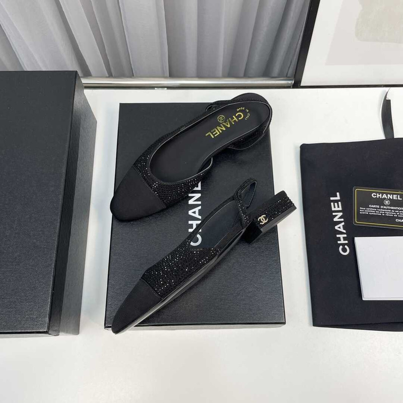 Ch*el strass 20mm slingbacks silver black grosgrain black