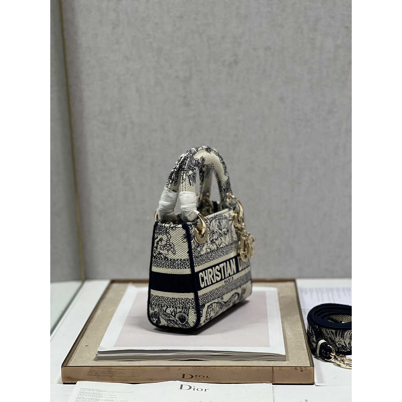 D*or mini lady d-lite bag white and black toile de jouy voyage embroidery