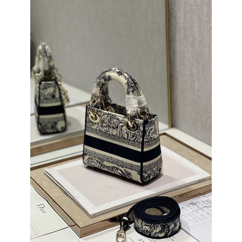 D*or mini lady d-lite bag white and black toile de jouy voyage embroidery