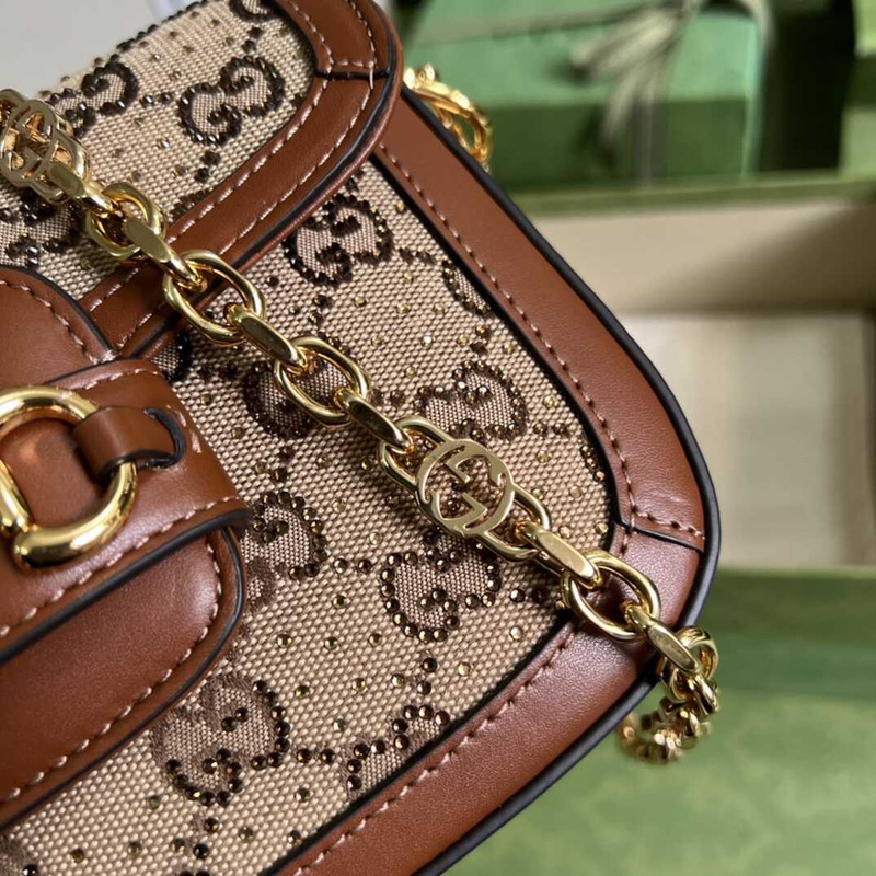 G*u*i horsebit 1955 mini leather-trimmed crystal-embellished canvas-jacquard shoulder bag