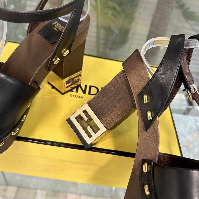 F**di black leather high heel show clogs