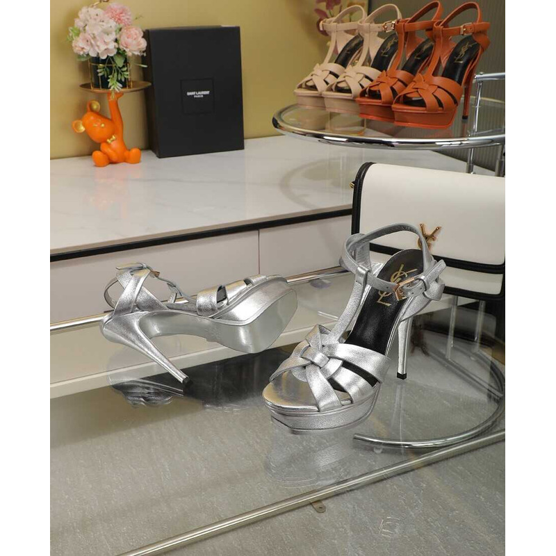 Saint Laurent Tribute Heeled Sandals Leather Silver