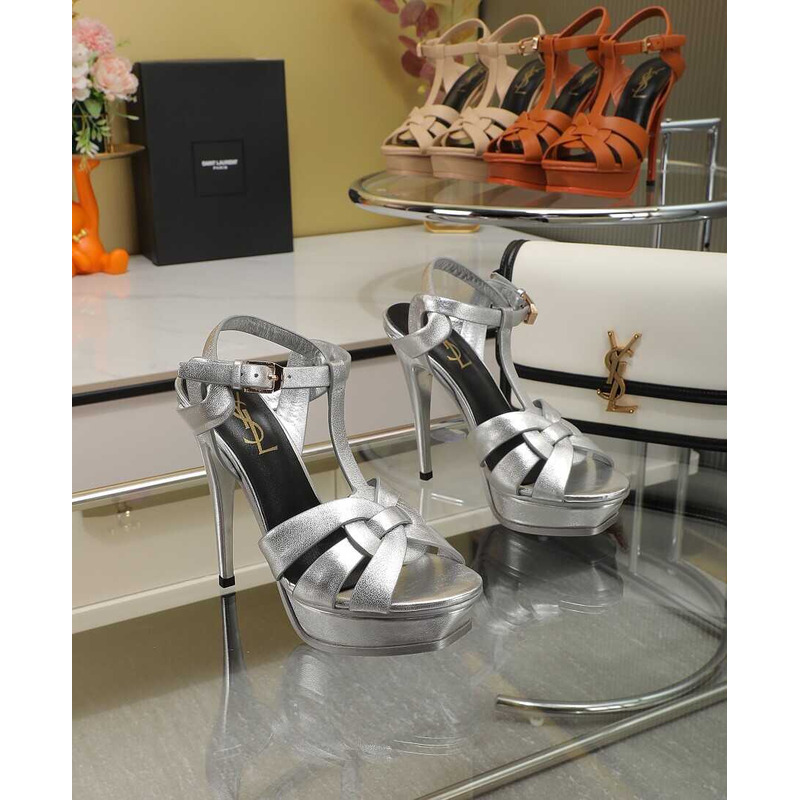 Saint Laurent Tribute Heeled Sandals Leather Silver
