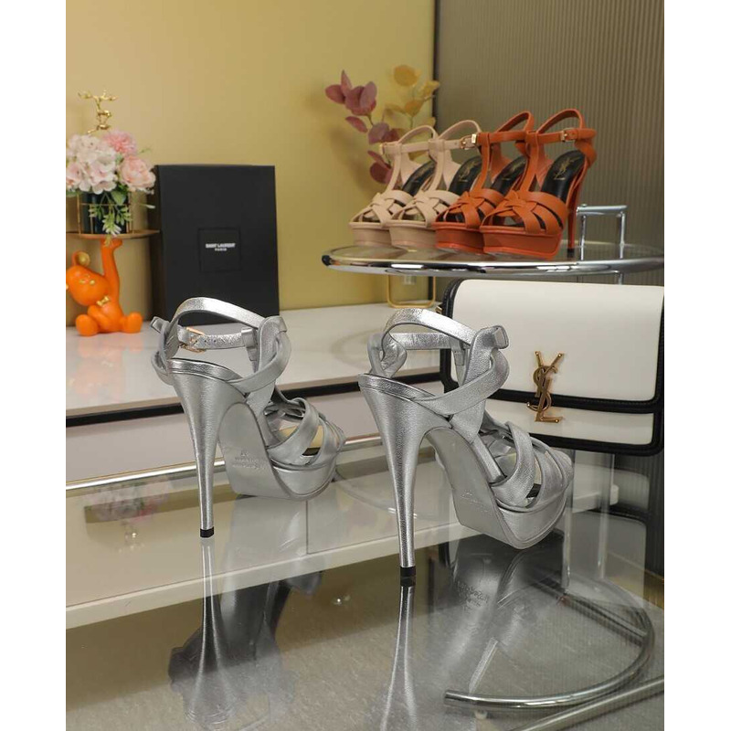 Saint Laurent Tribute Heeled Sandals Leather Silver