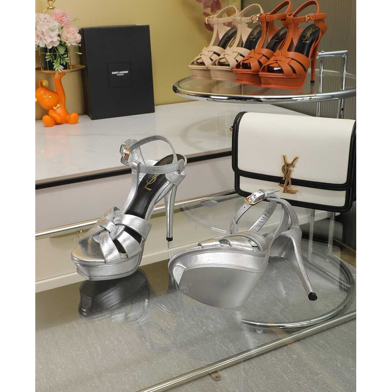 Saint Laurent Tribute Heeled Sandals Leather Silver