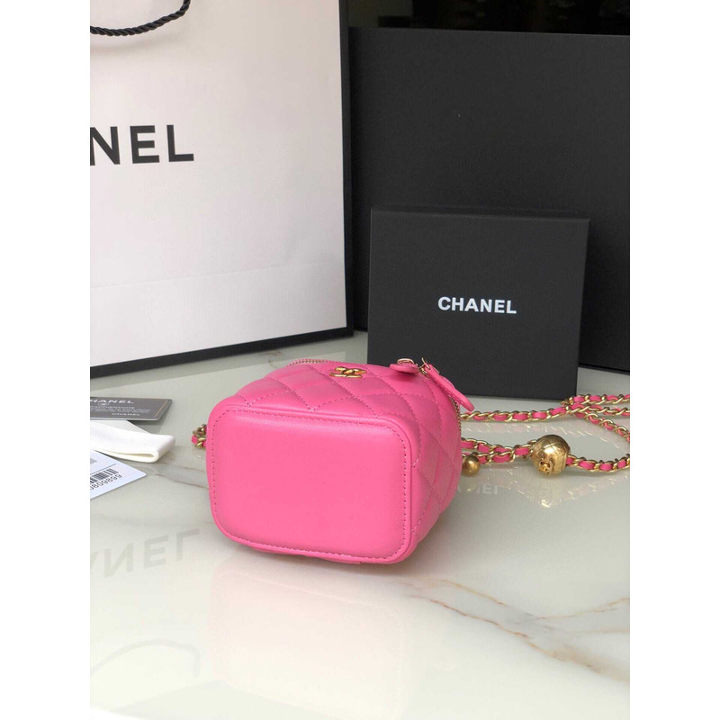 Ch*el lambskin quilted pearl crush mini vanity case with chain pink