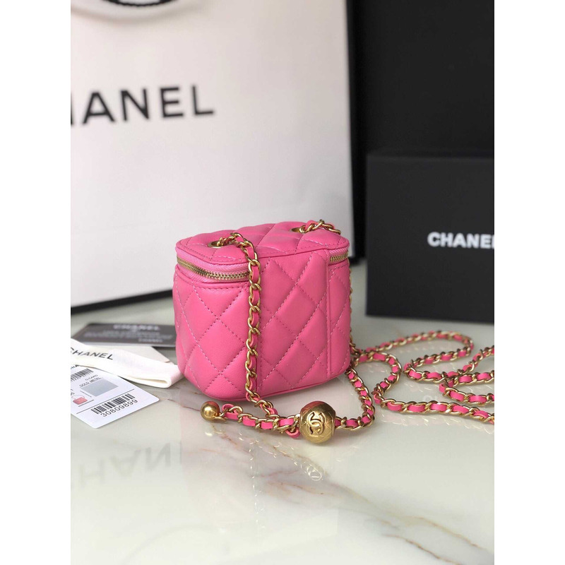 Ch*el lambskin quilted pearl crush mini vanity case with chain pink