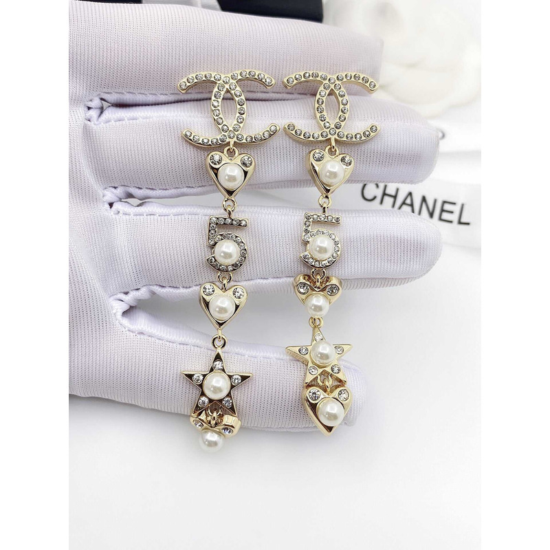 Ch*el pearl long earrings light gold
