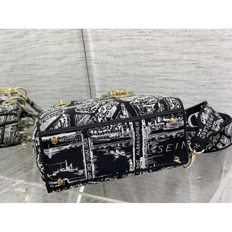 D*or medium lady d-lite bag black and white plan de paris embroidery