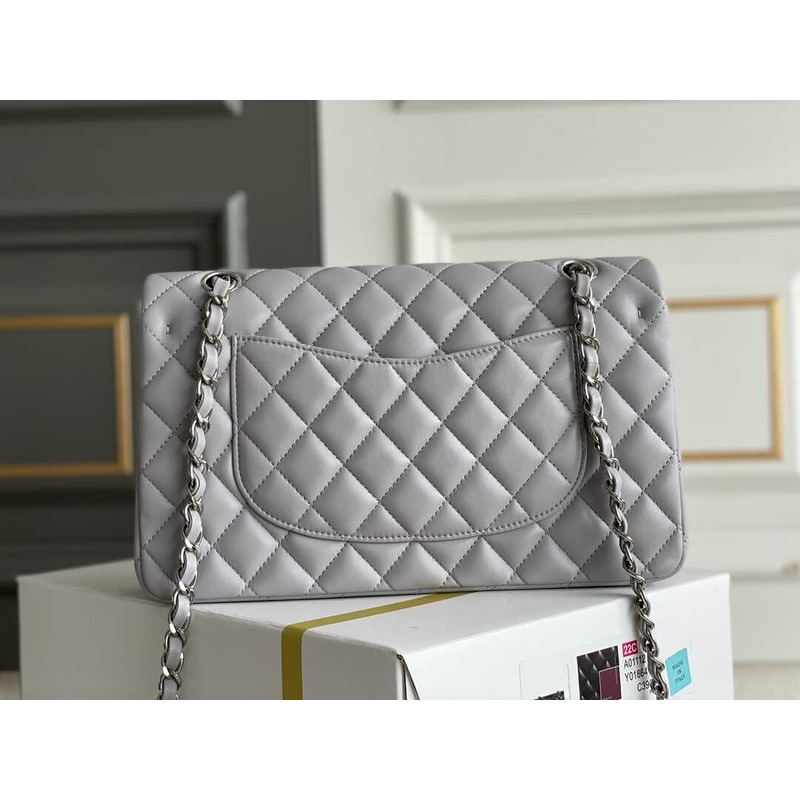 Ch*el  grey lambskin leather medium classic double flap shoulder bag