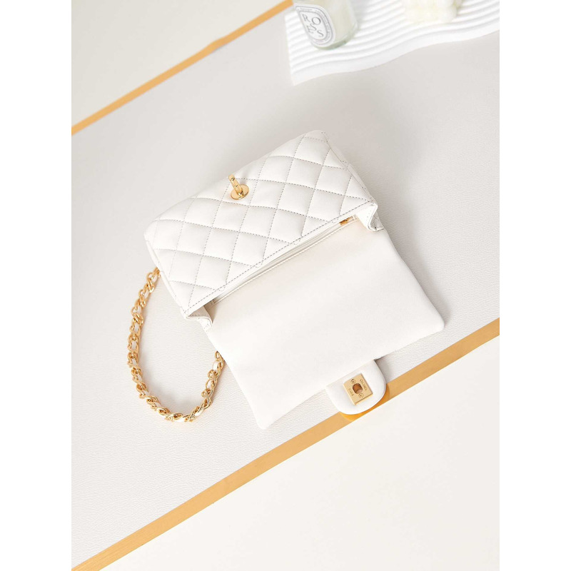 Ch*el small flap bag with handle polished lambskin & gold-tone metal white
