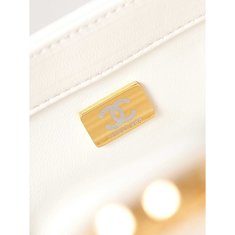 Ch*el small flap bag with handle polished lambskin & gold-tone metal white