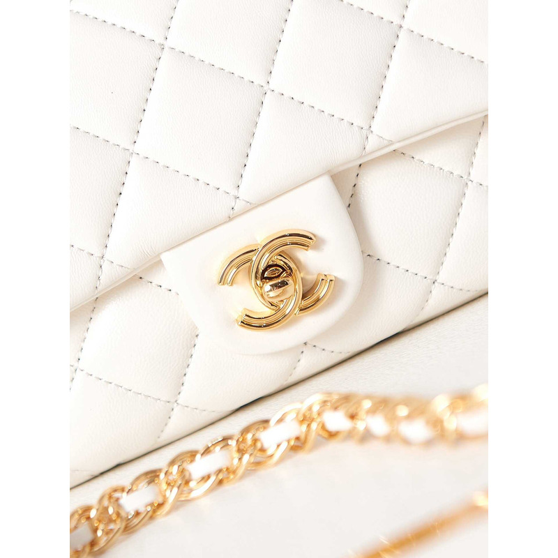 Ch*el small flap bag with handle polished lambskin & gold-tone metal white