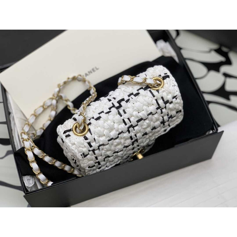 Ch*el mini flap bag raffia effect tweed & gold-tone metal white