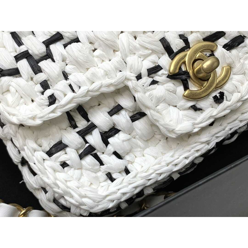 Ch*el mini flap bag raffia effect tweed & gold-tone metal white