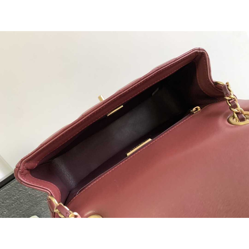 Ch*el small handle flap bag lambskin wood gold-tone metal burgundy