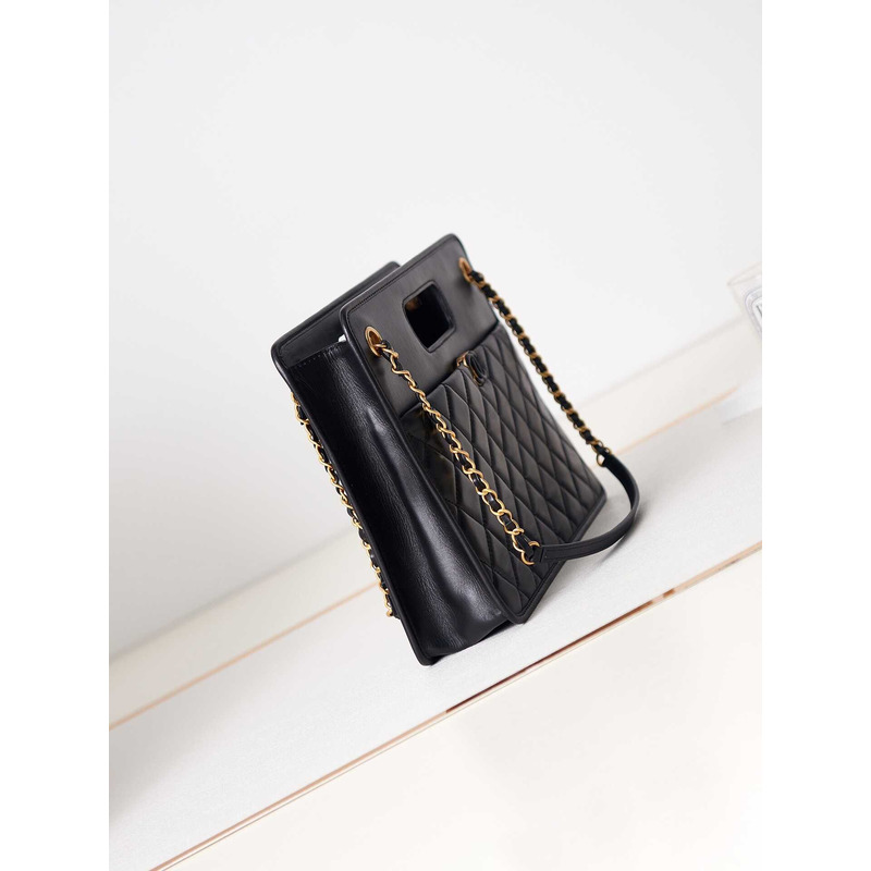 Ch*el mini flap bag with handle calfskin & black-tone metal black