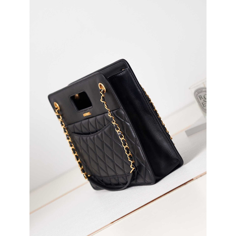 Ch*el mini flap bag with handle calfskin & black-tone metal black