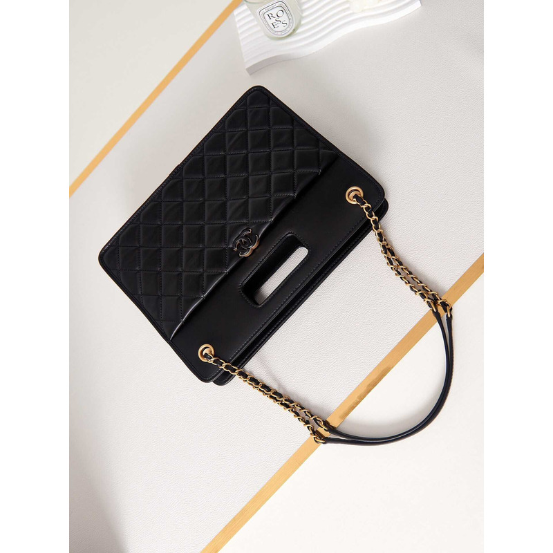 Ch*el mini flap bag with handle calfskin & black-tone metal black
