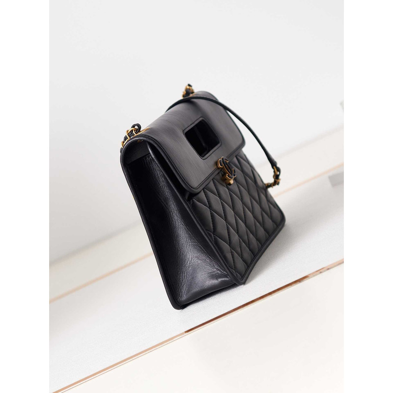 Ch*el mini flap bag with handle calfskin & gold-tone metal black