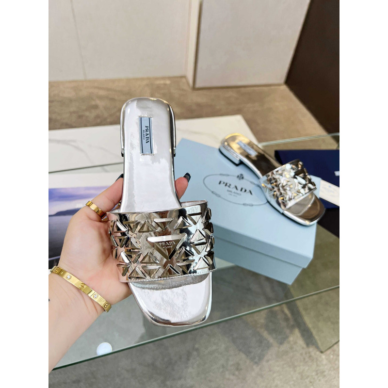 Pra*a leather studded metallic slides silver