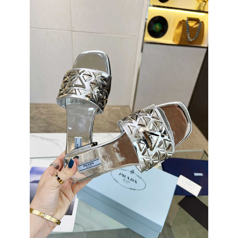 Pra*a leather studded metallic slides silver