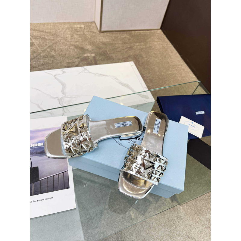 Pra*a leather studded metallic slides silver