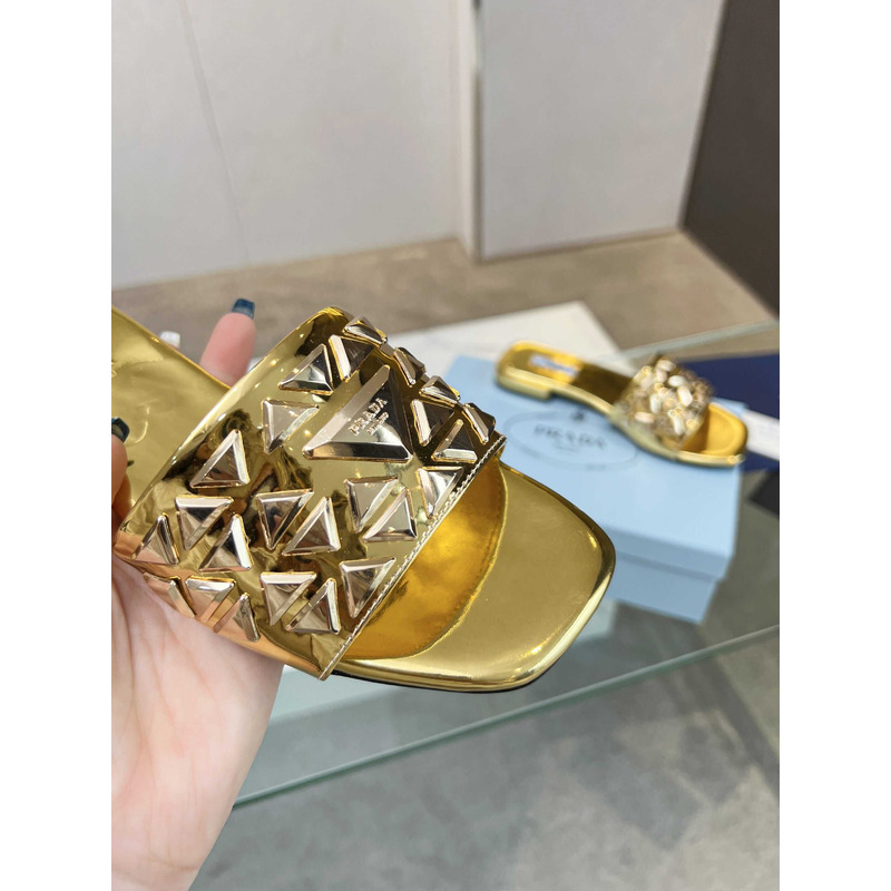 Pra*a leather studded metallic slides gold