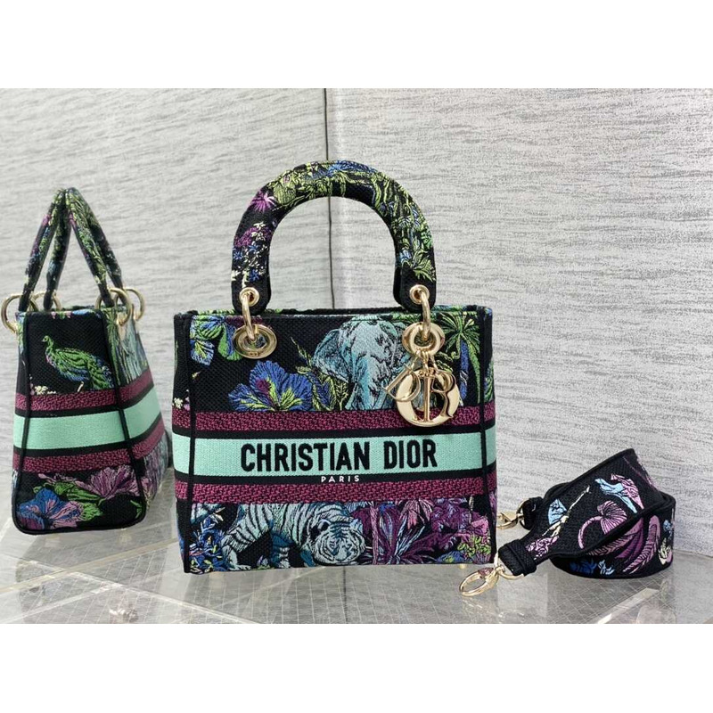 D*or medium lady d-lite bag blue multicolor toile de jouy voyage embroidery