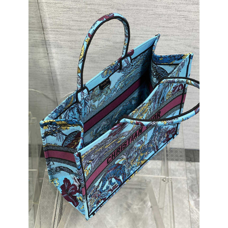 D*or book tote bag space blue fabric with multicolor voyage jouy print embroidery
