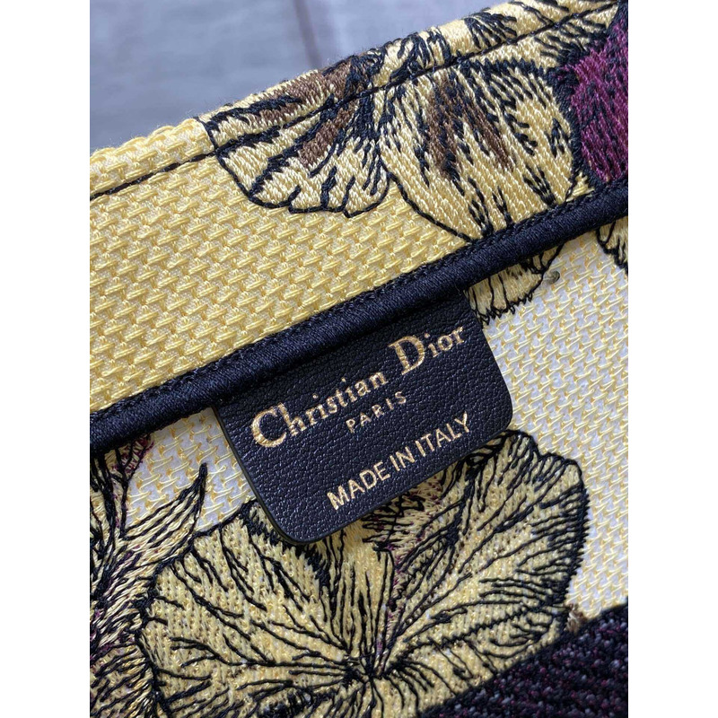 D*or medium book tote bag multicolour voyage jouy print embroidery on yellow fabric