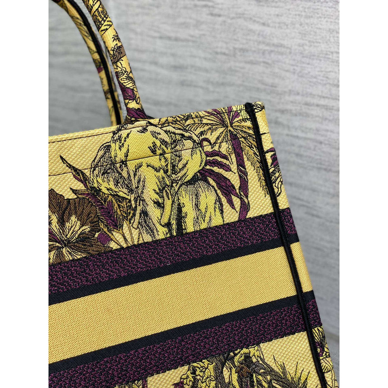 D*or medium book tote bag multicolour voyage jouy print embroidery on yellow fabric