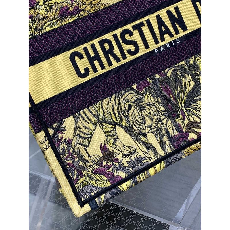 D*or medium book tote bag multicolour voyage jouy print embroidery on yellow fabric