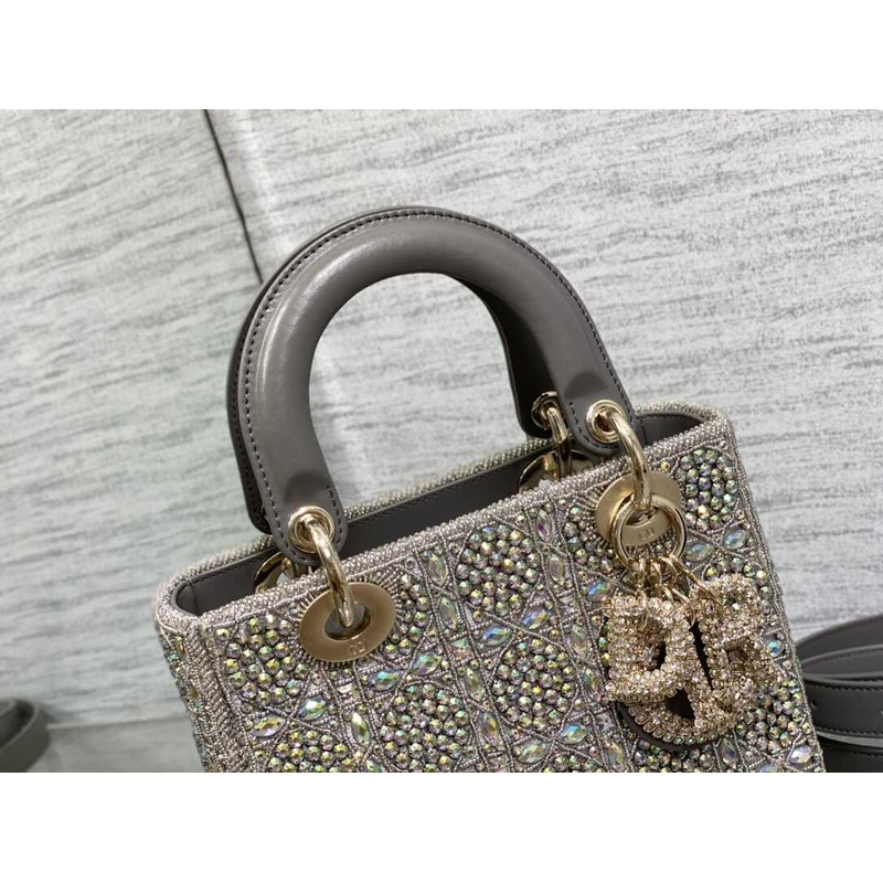 D*or mini lady D*or bag metallic calfskin and satin grey resin bead embroidery