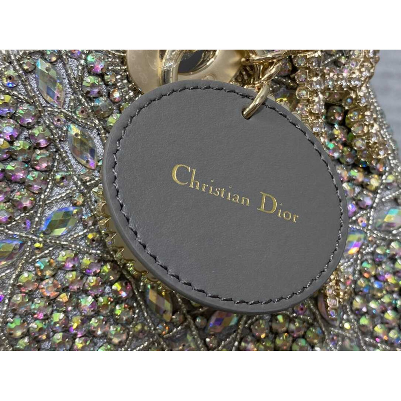 D*or mini lady D*or bag metallic calfskin and satin grey resin bead embroidery