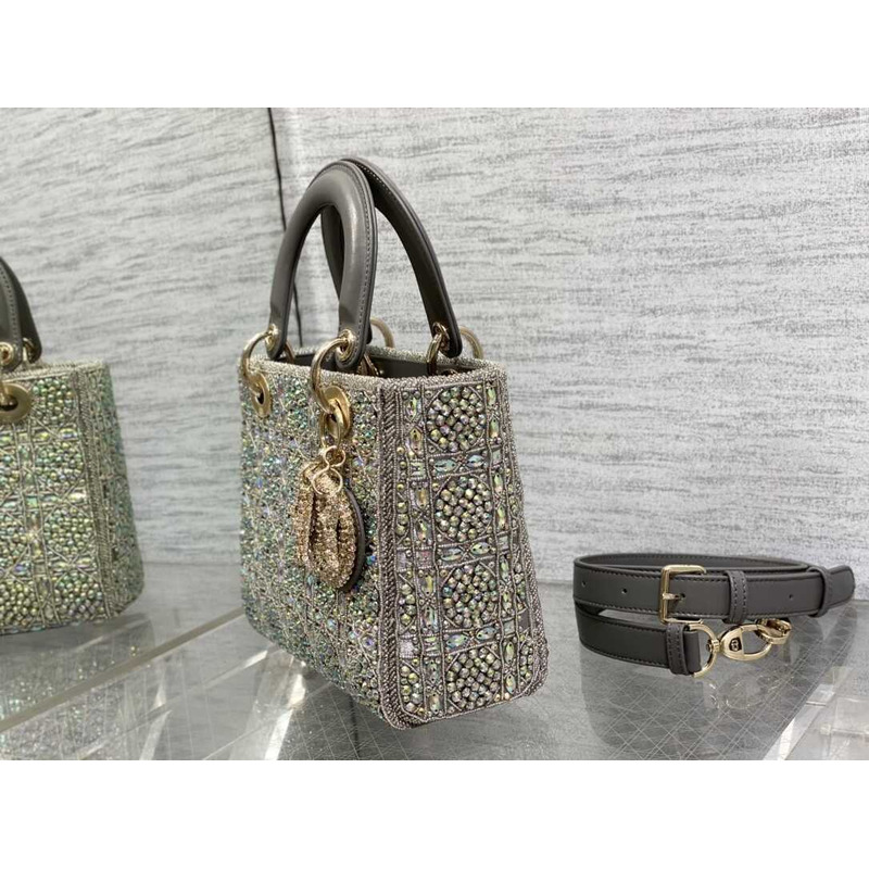 D*or mini lady D*or bag metallic calfskin and satin grey resin bead embroidery