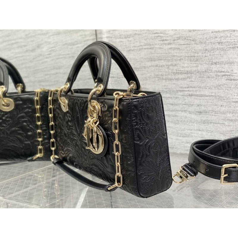 D*or medium lady d-joy bag black lambskin with ornamental motif