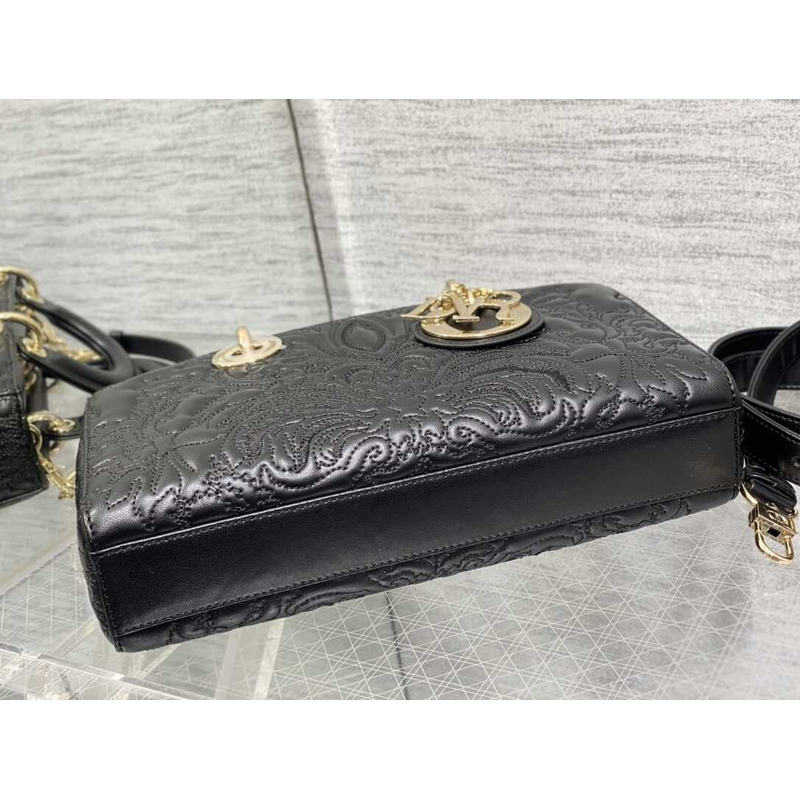 D*or medium lady d-joy bag black lambskin with ornamental motif