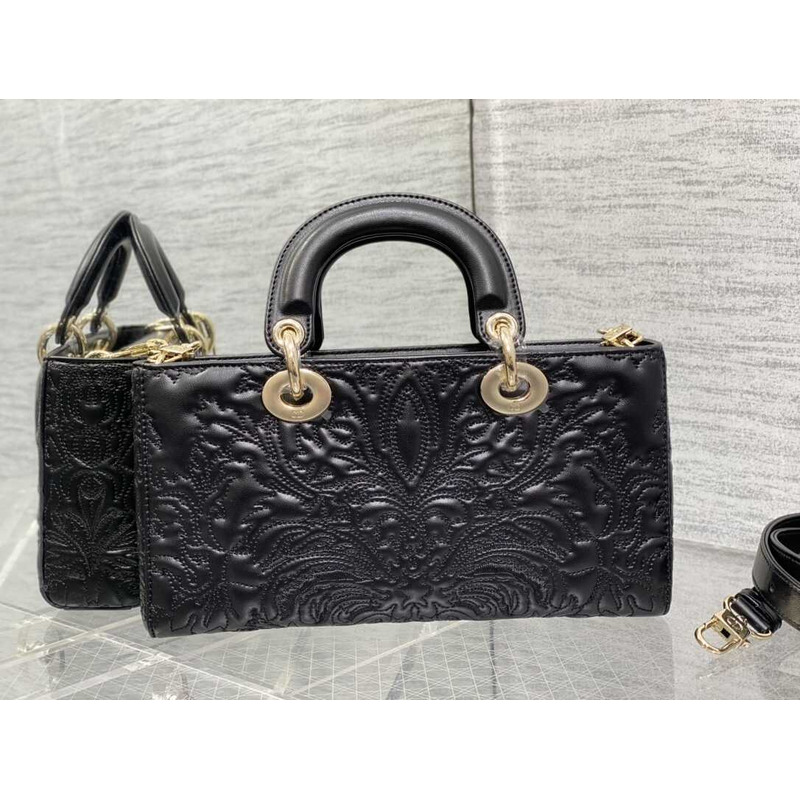 D*or medium lady d-joy bag black lambskin with ornamental motif