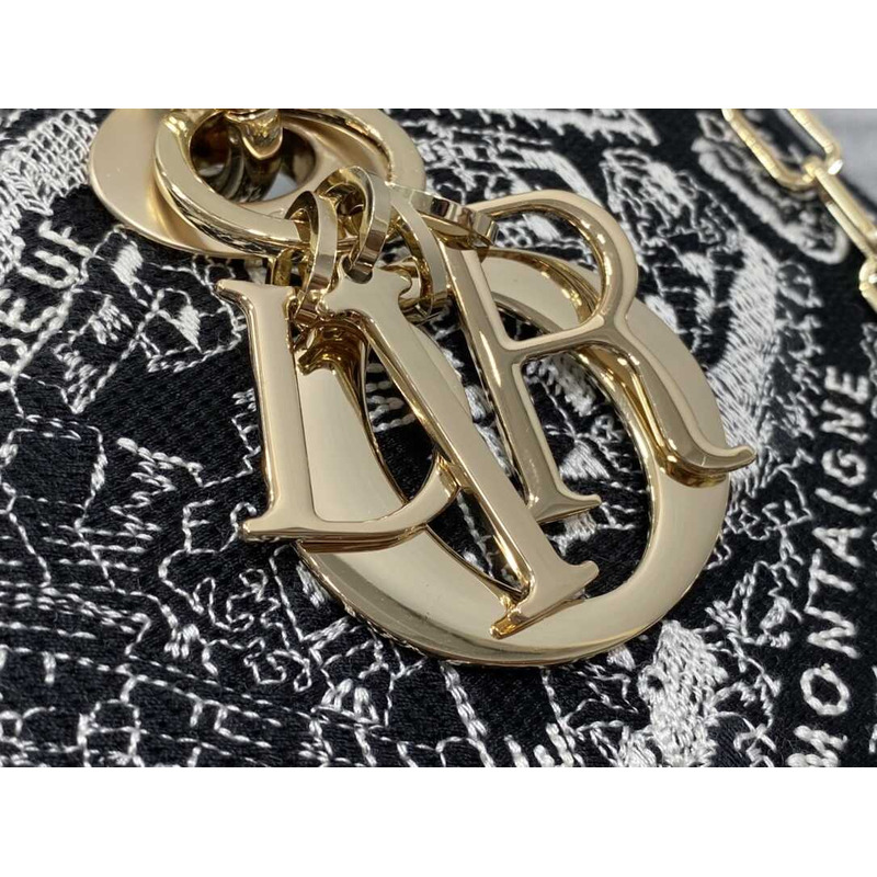 D*or medium lady d-joy bag full black and white plan de paris embroidery pattern