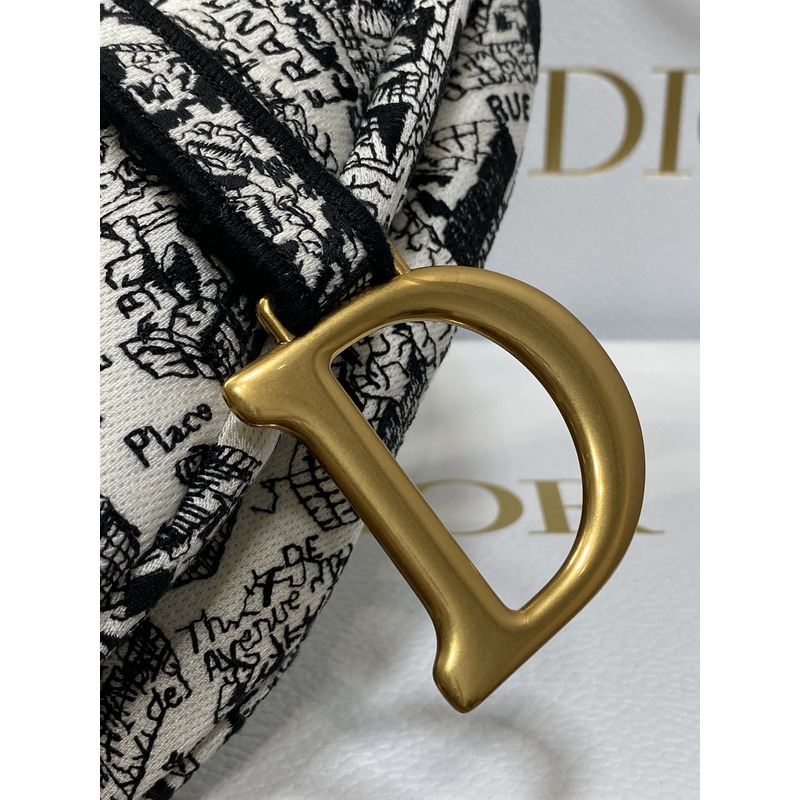 D*or saddle bag with strap full black and white plan de paris embroidery