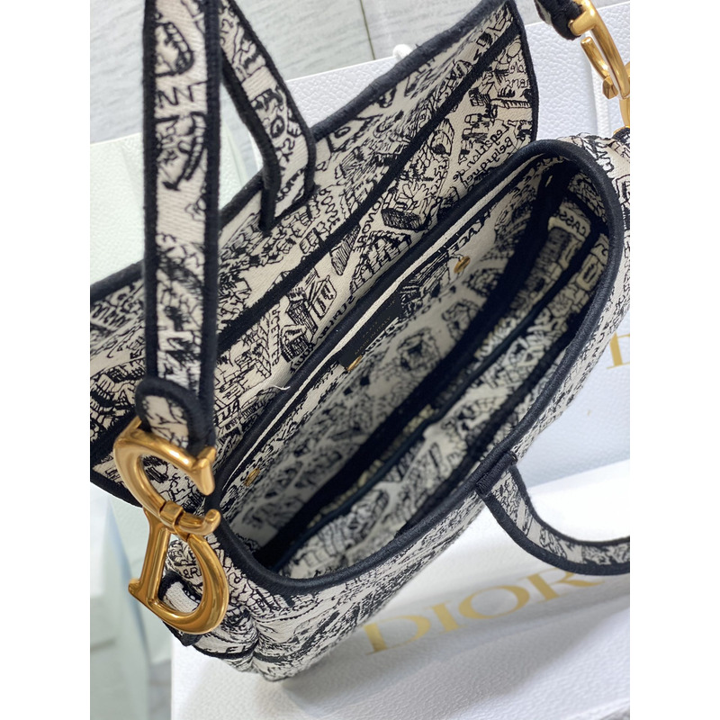 D*or saddle bag with strap full black and white plan de paris embroidery
