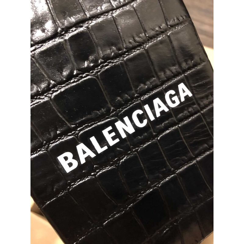 Ba*len*cia*ga textured calfskin logo shopping phone holder bag black