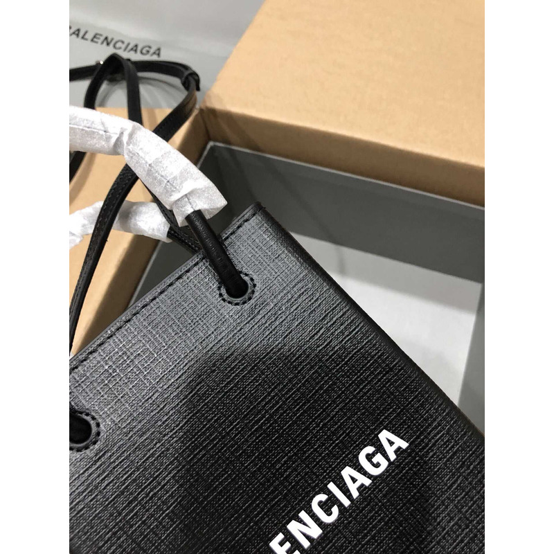 Ba*len*cia*ga textured calfskin logo shopping phone holder bag black