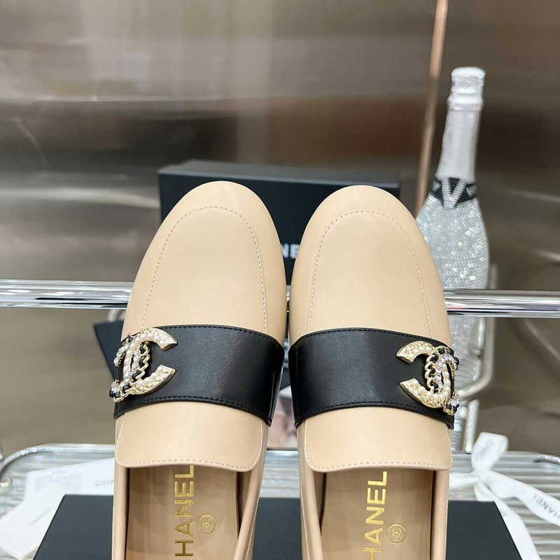 Ch*el classic logo loafers beige and black