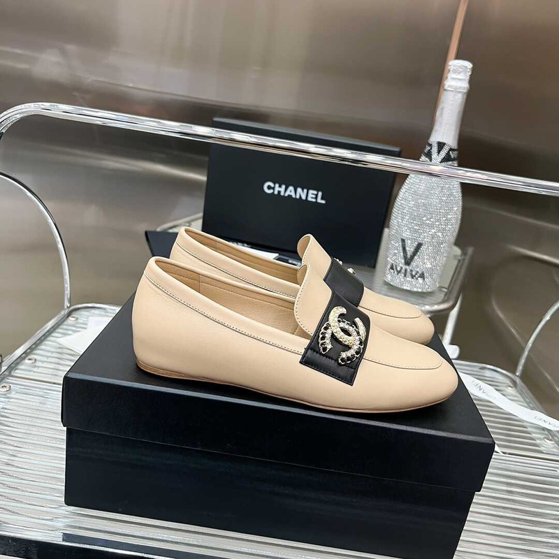 Ch*el classic logo loafers beige and black