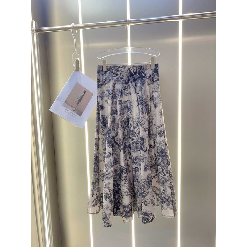 D*or mid length skirt white and navy toile de jouy cotton-gauze